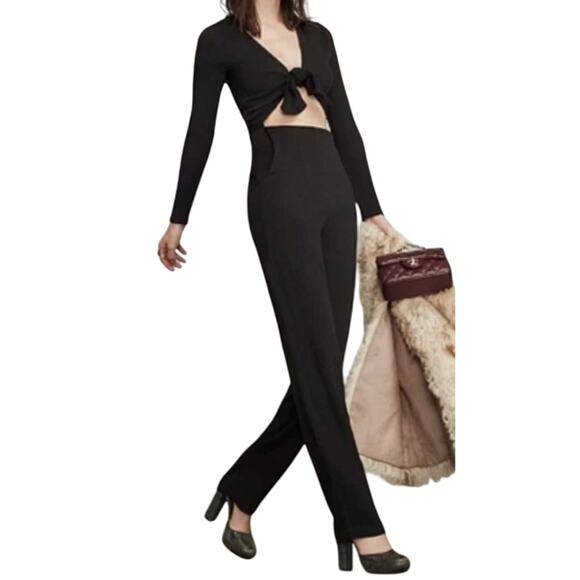 Reformation Black Ferris Textured Cut Out Tie Front Long Sleeve Jumpsuit size 0 - Picture 2 of 15